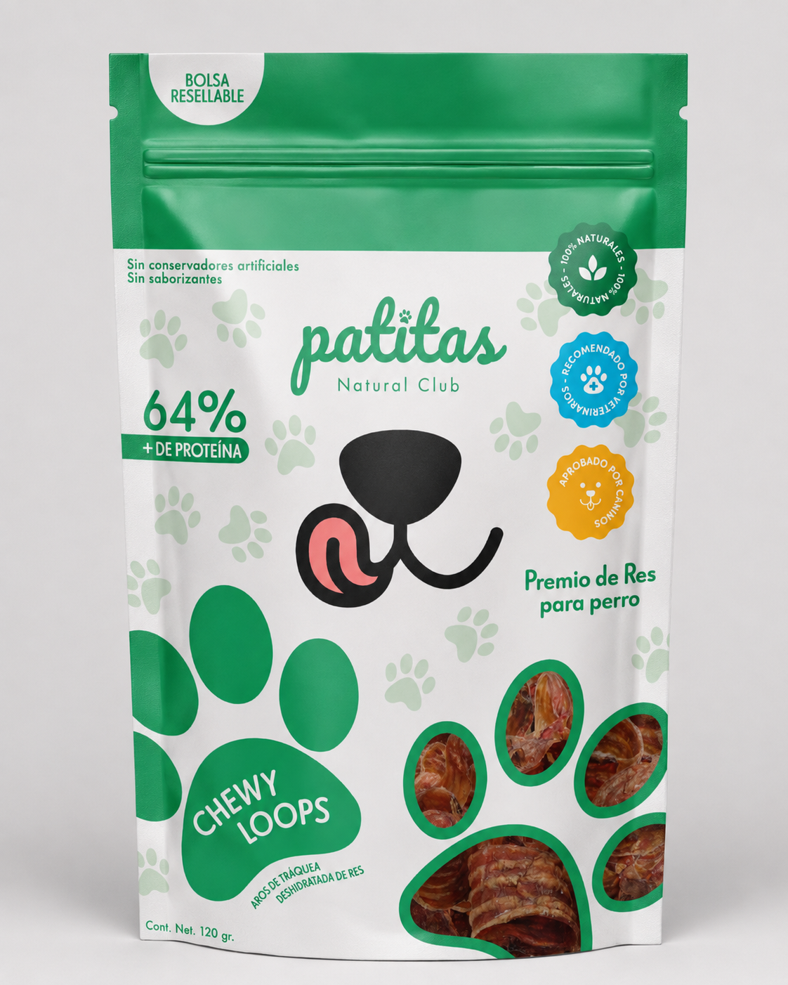 Chewy Loops Patitas Natural Club - tráquea de res deshidratada para perros 120 g