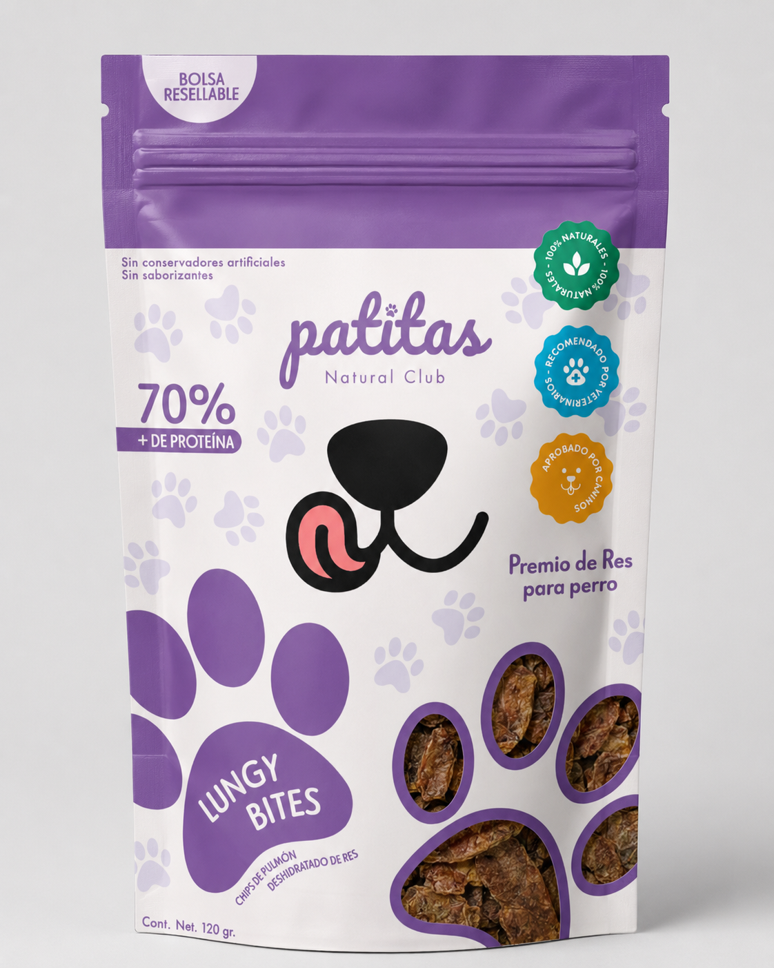 Lungy Bites Patitas Natural Club - pulmón de res deshidratado para perros 120 g
